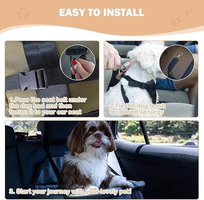 Dog Car Seat for Small Dogs, Large Leather Dog Car Bed with Storage Pocket, Waterproof PVC Leather Booster Seat Travel Bed for Front &amp; Back Seat, Clip-On Safety Leash (Green/Brown)