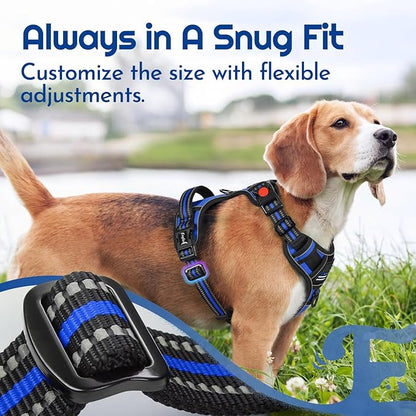 Eagloo Dog Harness for Large Dogs, Easy Wearing with 3 Buckles, Adjustable No Pull Pet Harness with 2 Rings for Walking, No Chock Reflective Soft Padded Vest with Control Handle, Blue &amp; Black, XL