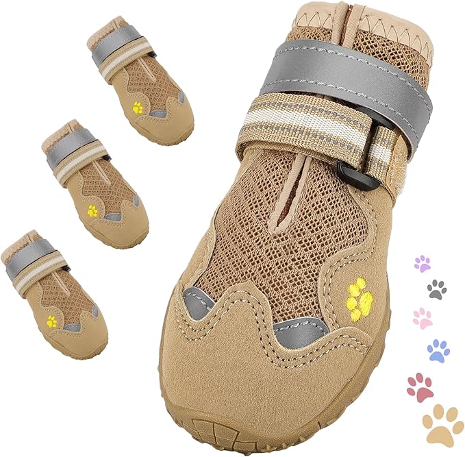 Dog Shoes, FISHOAKY Dog Shoes for Large Dogs, Mesh Breathable Dog Boots &amp; Paw Protectors for Summer Hot Pavement Winter Snowy, 360°Anti Slip 4Pcs Dog Booties with Reflective Khaki (Size 4)