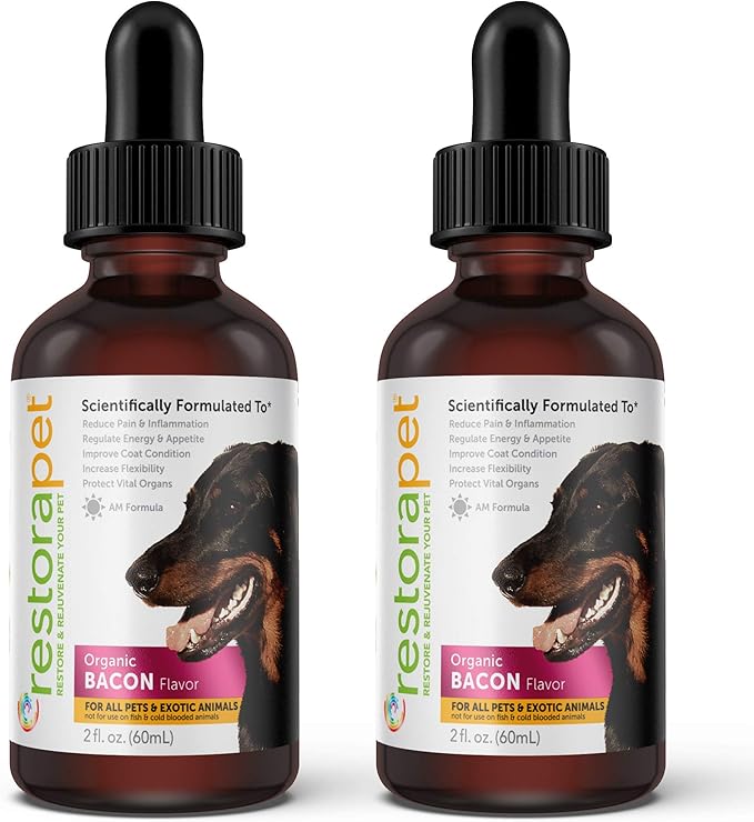 RestoraPet 2-Pack Dog &amp; Cat Bacon Liquid Multivitamin | Dog Arthritis Pain Relief | Hip &amp; Joint Vitamins for Dogs - Anti Inflammatory Supplement for Dogs &amp; Cats | Organic &amp; Non-GMO, Vet Approved
