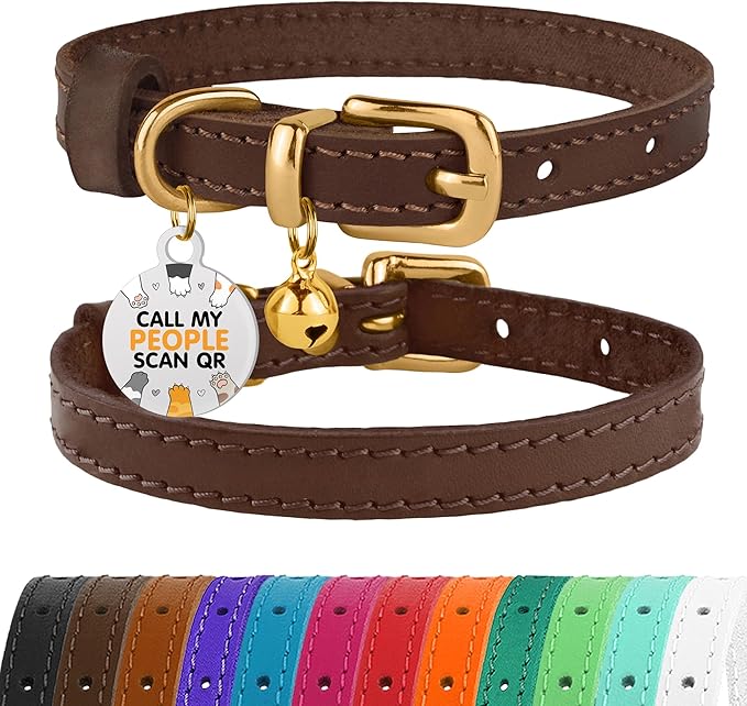 BRONZEDOG Leather Cat Collar with Removable Bells Non Breakaway Kitten QR Tag for Girl Boy (9" - 12" Cats/Mini Dogs, Dark Brown &amp; Gold)