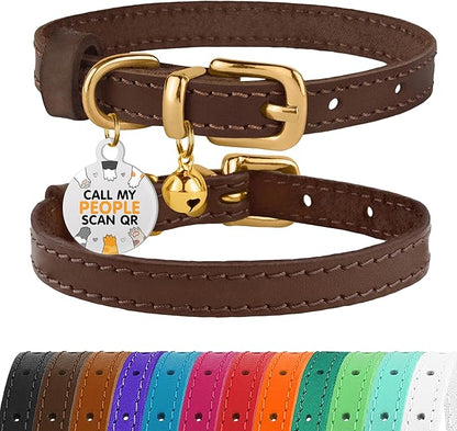 BRONZEDOG Leather Cat Collar with Removable Bells Non Breakaway Kitten QR Tag for Girl Boy (9" - 12" Cats/Mini Dogs, Dark Brown &amp; Gold)