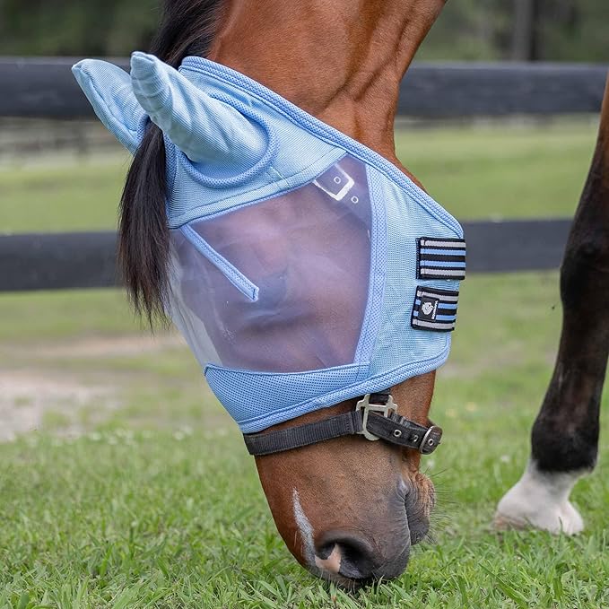 Equinavia Algard Soft Mesh Horse Fly Mask with Ear Protection and 45 UPF Rating | No Eye Irritation &amp; UV Protection - Light Blue - Warmblood