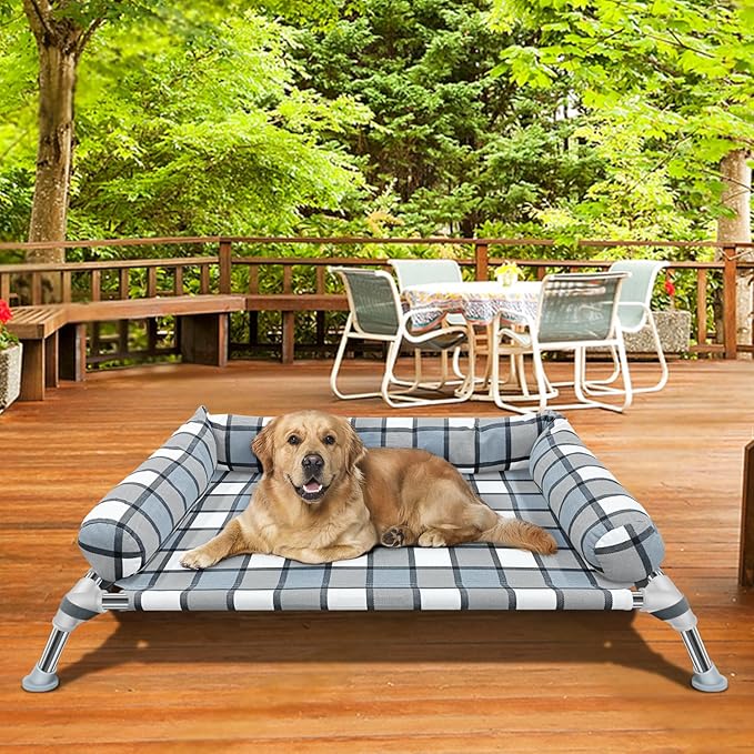 Elevated Raised Dog Bed Cot - Cooling Raised Dog Beds with Bolster Portable Washable Pet Cot Bed with Metal Frame Dogs Hammock Bed for Indoor &amp; Outdoor