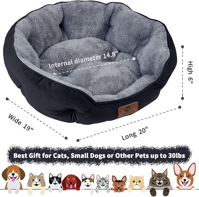 Asvin Small Dog Bed for Small Dogs, Cat Beds for Indoor Cats, Pet Bed for Puppy and Kitty, Extra Soft &amp; Machine Washable with Anti-Slip &amp; Water-Resistant Oxford Bottom, Black, 20 inches