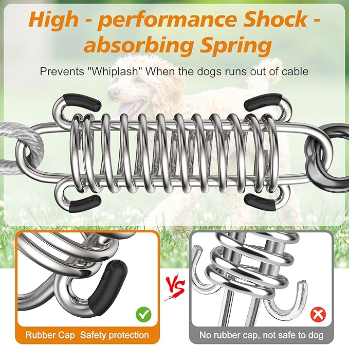 Tresbro 40 FT Dog Tie Out Cable with Spring, Shock Absorbing Tether Chains for Outside Aavilable in 10/15/20/25/30/40/50/70/100/120 FT, Heavy Duty Leads for Yard for Medium &amp; Large Dogs Up to 500 LBS