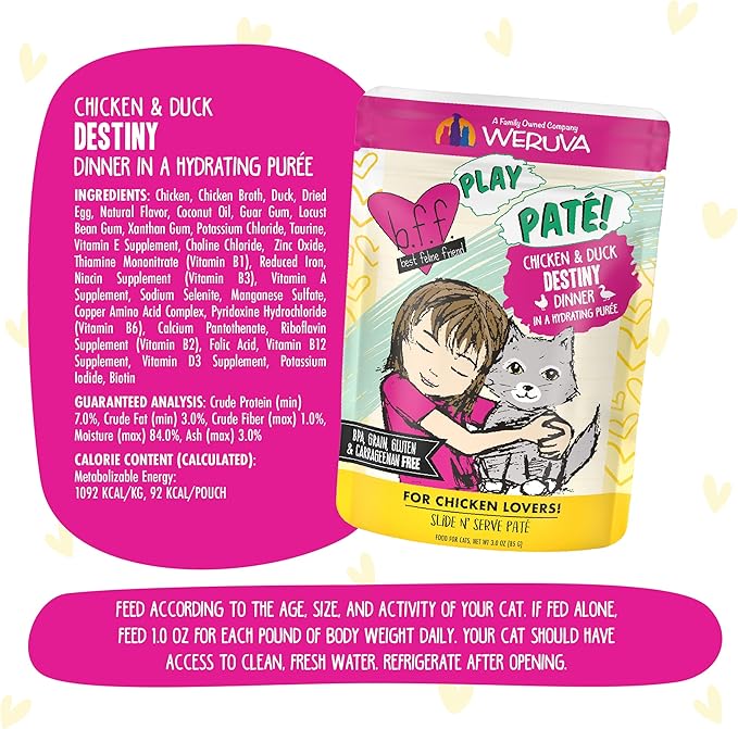 B.F.F. PLAY - Best Feline Friend Paté Lovers, Aw Yeah!, Chicken &amp; Duck Destiny with Chicken &amp; Lamb, 3oz Pouch (Pack of 12)