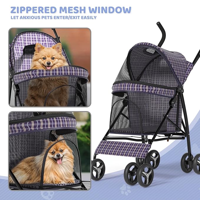Magshion Compact Pet Stroller for Small-Medium Dogs/Cats up to 22lbs, 4-Wheel Lightweight Umbrella Shaped Portable Puppy Travel Jogger with Breathable Mesh &amp; Rear Storage, Plaid