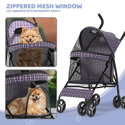 Magshion Compact Pet Stroller for Small-Medium Dogs/Cats up to 22lbs, 4-Wheel Lightweight Umbrella Shaped Portable Puppy Travel Jogger with Breathable Mesh &amp; Rear Storage, Plaid