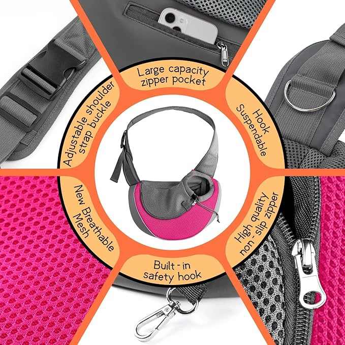 YUDODO Pet Sling Carrier for Small Dogs &amp; Cats – Hands-Free Puppy Carrier with Safety Hook, Large Zipper Pocket, Soft Breathable Mesh, Adjustable Strap &amp; Reflective Strip (Pink 1.0 S)