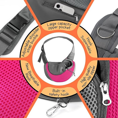 YUDODO Pet Sling Carrier for Small Dogs &amp; Cats – Hands-Free Puppy Carrier with Safety Hook, Large Zipper Pocket, Soft Breathable Mesh, Adjustable Strap &amp; Reflective Strip (Pink 1.0 S)
