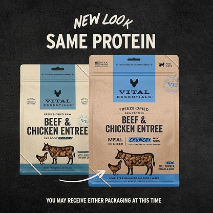 Vital Essentials Freeze-Dried Raw Beef &amp; Chicken Meal or Mixer Cat Food Crunchy Nibs, 12 oz