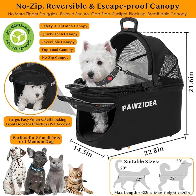 PAWZIDEA Pet Stroller 4 in 1, Dog Strollers for Small/Medium Dogs/Cats with Detachable Carrier NO-Zip Canopy, Seatbelt Puppy Car Seat Combo, Foldable &amp; Lightweight Jogger Cat Strollers, Storage Basket