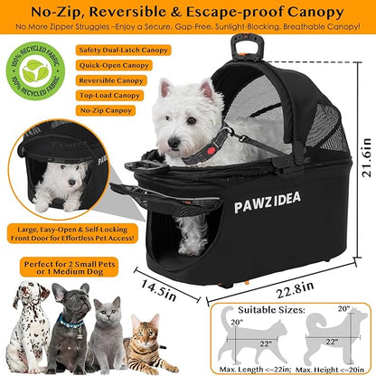 PAWZIDEA Pet Stroller 4 in 1, Dog Strollers for Small/Medium Dogs/Cats with Detachable Carrier NO-Zip Canopy, Seatbelt Puppy Car Seat Combo, Foldable &amp; Lightweight Jogger Cat Strollers, Storage Basket