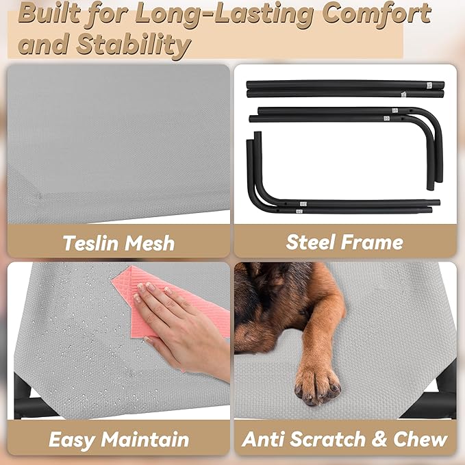 PHYEX Raised Pet Cot for Small Pets, Elevated Dog Bed with Breathable Mesh, Sturdy Steel Frame for Indoor &amp; Outdoor Use, Non-Slip Design, Easy Clean, 33-Inch Grey
