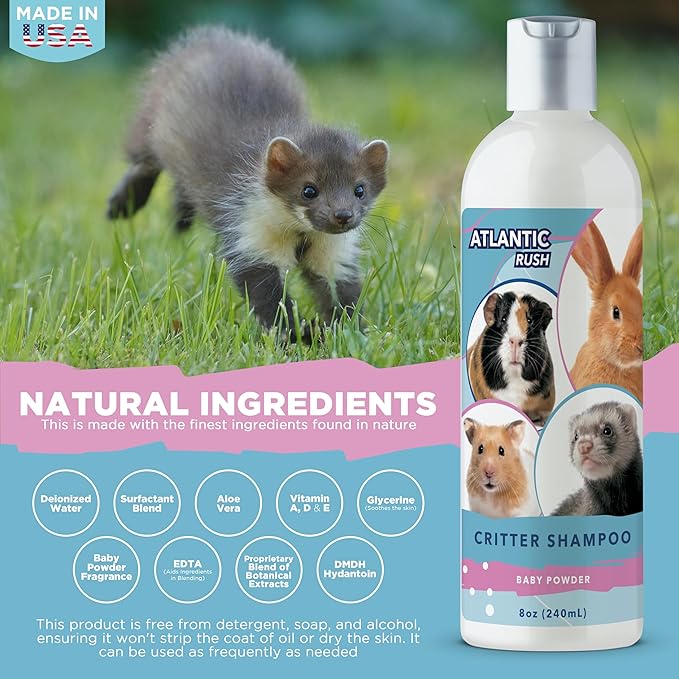 Critter Shampoo for Small Pets - 8oz Small Animal Baby Powder Scented Shampoo - Pet Shampoo for Small Critters Including Ferrets, Guinea Pigs, Rabbits, Hedgehogs, Hamsters &amp; Sugar Gliders