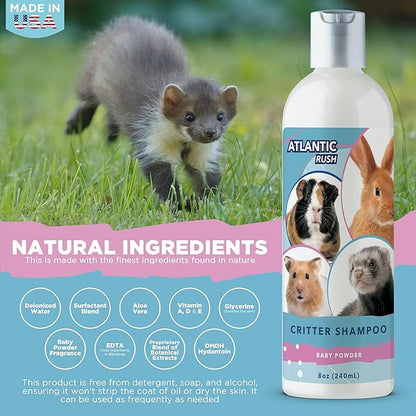 Critter Shampoo for Small Pets - 8oz Small Animal Baby Powder Scented Shampoo - Pet Shampoo for Small Critters Including Ferrets, Guinea Pigs, Rabbits, Hedgehogs, Hamsters &amp; Sugar Gliders