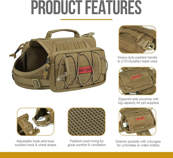 OneTigris Dog Backpack for Medium &amp; Large Dogs, Nylon Backpack for Dogs Tactical Pet Backpack with Side Pockets for Hiking Walking Training Running (Brown, Medium)