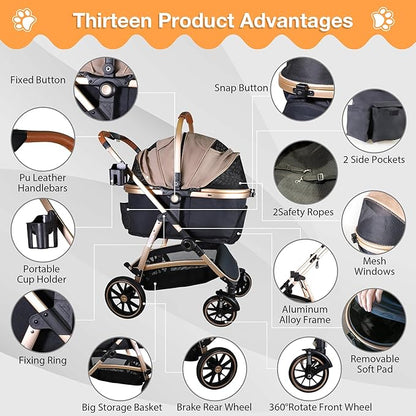 Dog Stroller for Small Medium Dogs, 3 in 1 Folding Pet Stroller Up to 33 lbs, 4 Wheels Pet Strolling Cart with Zipperless Entry, Cat Dog Travel Carrier with Cup Holder &amp; Storage Basket