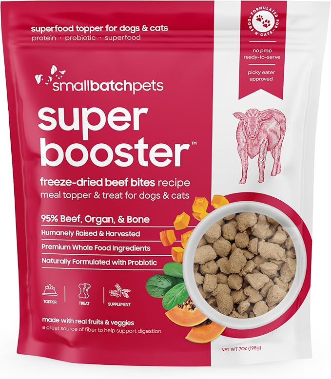 smallbatch Freeze Dried Dog Treats, Superfood Food Topper Beef Bites for Dogs &amp; Cats, Probiotics, Organic Ingredients, High Protein, Grain Free Healthy Treat Food Topper, Made in The USA, 7 oz Bag