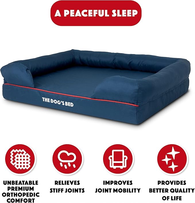 The Dog’s Bed, Large Oxford Blue/Red 36x27 Memory Foam, Pain Relief: Arthritis, Hip &amp; Elbow Dysplasia, Post Surgery, Lameness, Supportive, Calming, Waterproof Washable Cover, Veterinary Approved
