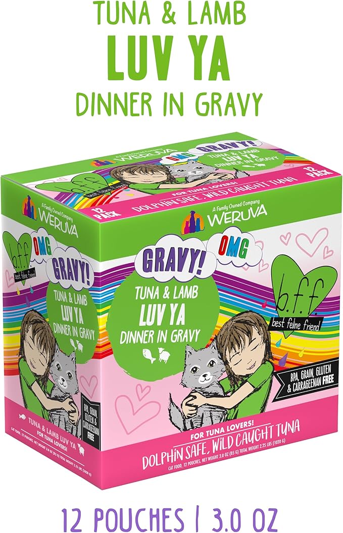 Weruva B.F.F. OMG - Best Feline Friend Oh My Gravy!, Tuna &amp; Lamb Luv Ya with Tuna &amp; Lamb in Gravy Cat Food, 3oz Pouch (Pack of 12)