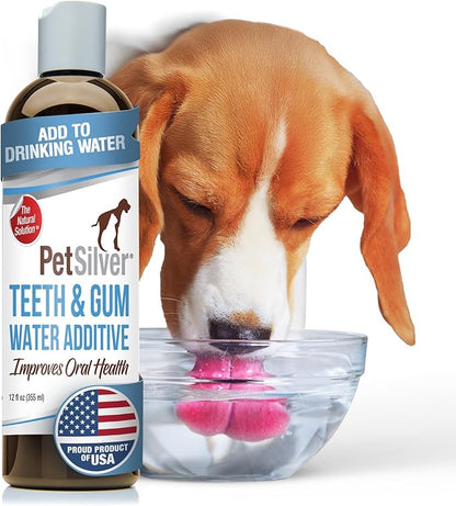 PetSilver Teeth &amp; Gum Water Additive for Dental Care - Pet Breath Freshener - Targets Tartar, Plaque &amp; Eliminates Bad Breath - Dog Oral Care &amp; Cat Teeth Cleaning - No Brushing &amp; Tasteless - 12 fl oz
