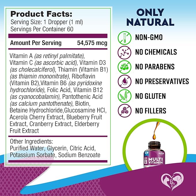 Cat &amp; Dog Multivitamin Liquid with Glucosamine &amp; Cranberry | 15 in 1 Health Supplements for Urinary Tract Kidney, Bladder, Hip &amp; Joint, Skin &amp; Coat | Natural UTI Medicine Made in USA (60 ml)