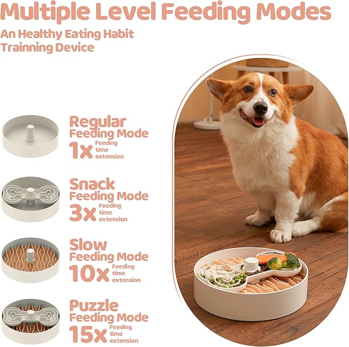 Slow Feeder Dog Bowl for Large Dogs with Non-Slip Base - Adjustable Speed Design, Removable Puzzle Inserts &amp; Dishwasher Safe, Pink