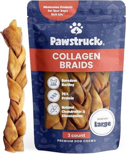 Pawstruck Natural Large 10-13” Beef Collagen Braids for Dogs – Long-Lasting Rawhide &amp; Bully Stick Alternative, with Chondroitin &amp; Glucosamine – 3 Pack