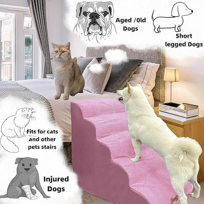 Dog Stairs &amp; Pet Ramp for Small/Large Dogs to High Beds/Couches - 5 Steps 24-inch Height for 18-30 inch Furniture, 2 Washable Covers (Pink, Grey), Non-Slip Balanced 33D Design for Old Dogs &amp; Cats