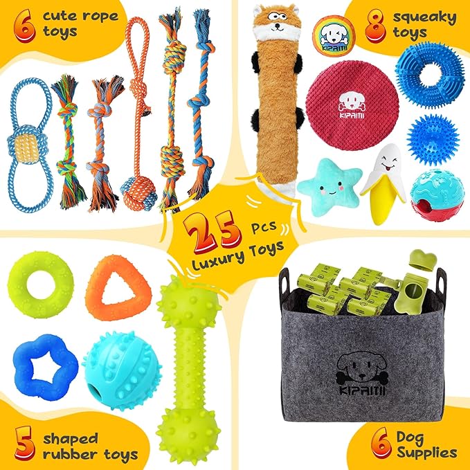 KIPRITII Puppy Toys for Dog Teething -25 Pack Various Puppy Chew Toys with Rope Toys, Dog Treat Balls &amp; Squeaky Toy for Puppy and Small Dogs