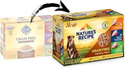 Nature’s Recipe Grain Free Chicken Recipe, Chicken &amp; Venison Recipe and Chicken &amp; Duck Recipe in Savory Broth Variety Pack Wet Dog Food, 12-2.75 oz. Cups, 2 Count