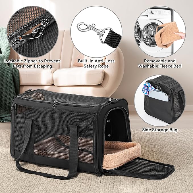 PETSFIT Soft-Sided Cat Carriers &amp; Car Seats with Patent Safe Buckles, Clip-On Harness, 18"x11"x11" Airline Approved Pet Carrier - 9 lbs Capacity (Black)