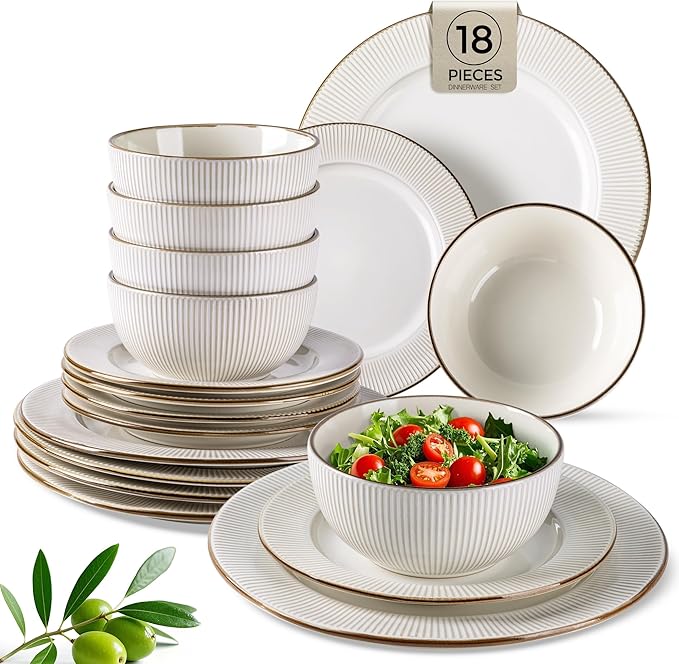 GBHOME Ceramic Dinnerware Sets,18 pcs Embossed Elegant Stoneware Plates and Bowls Sets, Housewarming Wedding Gift | Dishwasher &amp; Microwave Safe | Dishes Set Service for 6