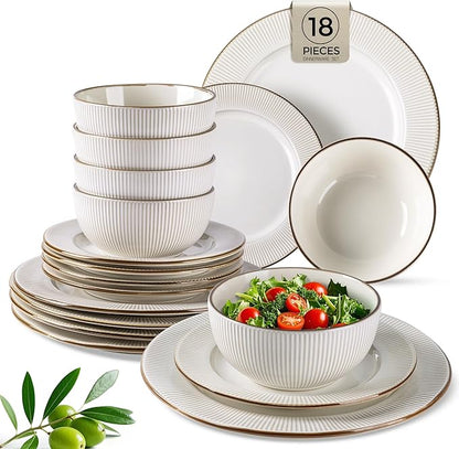 GBHOME Ceramic Dinnerware Sets,18 pcs Embossed Elegant Stoneware Plates and Bowls Sets, Housewarming Wedding Gift | Dishwasher &amp; Microwave Safe | Dishes Set Service for 6