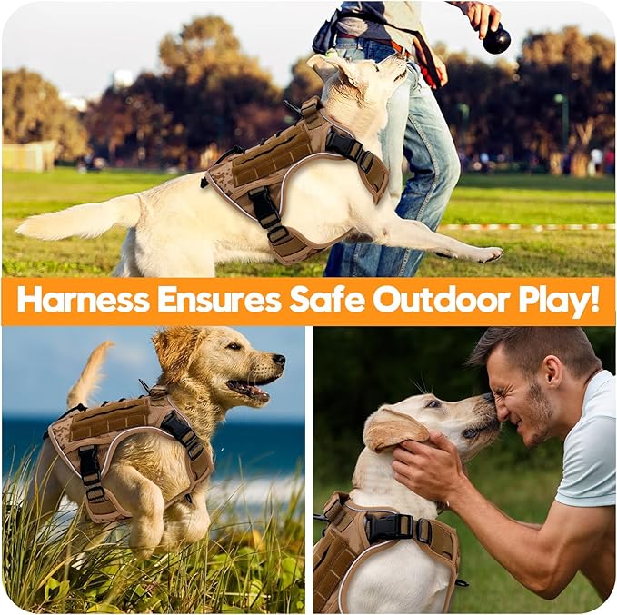 Heavy-Duty Tactical Dog Harness for Large Dogs, No Pull Adjustable Reflective Pet Vest with Molle System, K9 Military-Grade Control for Service Training, Outdoor &amp; 10+ Breeds, Khaki Camo, Large