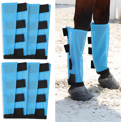Premium 4-Pack Horse Fly Boots &amp; Leggings Loose-Fit Fine Mesh with Stay-On Fasteners, Support Strips &amp; Anti-Stomp Design Breathable Non-Slip Protection Leg Wrap (Large) Sky - Blue