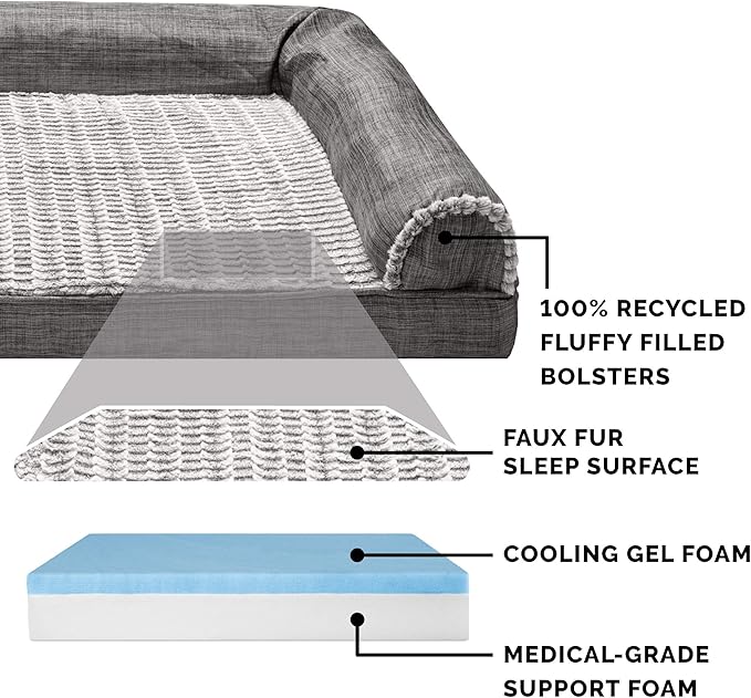 Furhaven Cooling Gel Dog Bed for Large Dogs w/ Removable Bolsters &amp; Washable Cover, For Dogs Up to 95 lbs - Luxe Faux Fur &amp; Performance Linen Sofa - Charcoal, Jumbo/XL