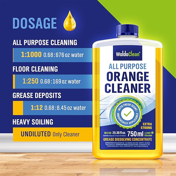 Orange Oil Cleaner Concentrated 25.36 fl oz (1 : 1000) - makes up to 200 Gallons Multi-Use Adhesive &amp; Grease Remover, Custom-Dilution Citrus Degreaser for Floors, Kitchen &amp; Bath