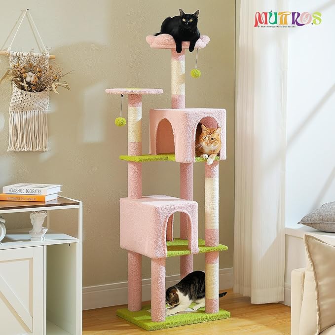 Flower Cat Tree, 62-Inch Large Cat Tower for Multi-Cat Households w/Scratching Posts, Multi-Level Cat Condo w/Cozy Top Perch &amp; Scratching Pad, Padded Platform, 2 Pompoms, Pink