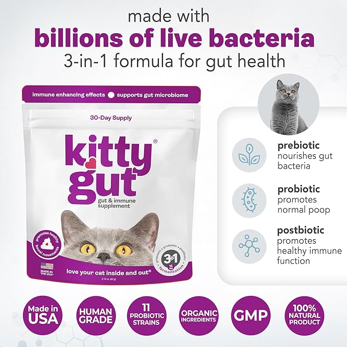 KittyGut 3-in-1 Organic Cat Probiotics &amp; Postbiotic Supplement Powder- Made in USA-Probiotics for Cats Promote Gut Health and Cat Digestive Support, Diarrhea and Vomiting (90g)
