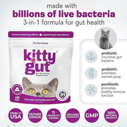 KittyGut 3-in-1 Organic Cat Probiotics &amp; Postbiotic Supplement Powder- Made in USA-Probiotics for Cats Promote Gut Health and Cat Digestive Support, Diarrhea and Vomiting (60g)