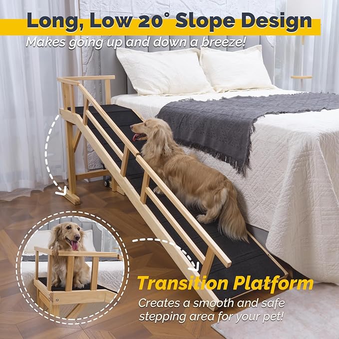 Dog Ramp for Bed or Couch, Wooden Pet Ramp with 20° Gentle Slope, Removable Side Rails, Non-Slip Surface, Top Platform &amp; Wheels, Safe Bed Ramp for Small, Medium &amp; Senior Dogs, 74" Long, Natural
