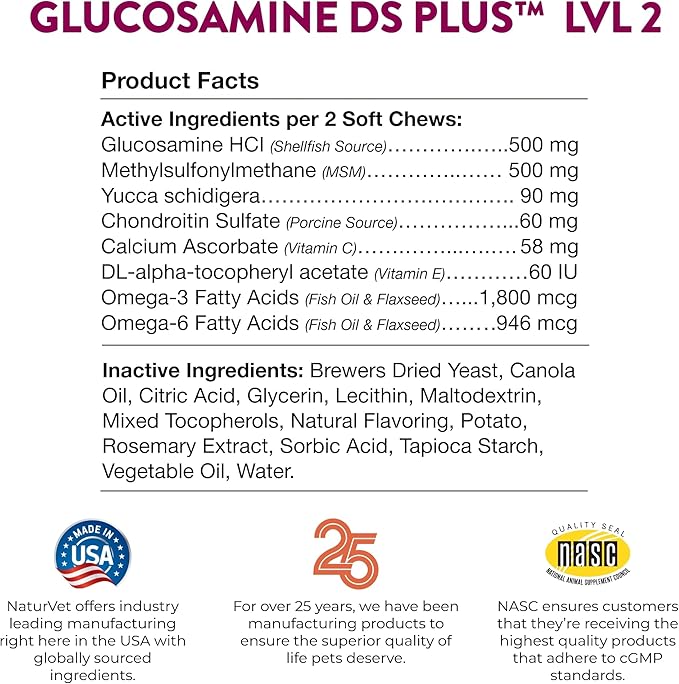 NaturVet – Glucosamine DS Plus - Level 2 Moderate Care – Supports Healthy Hip &amp; Joint Function – Enhanced with Glucosamine, MSM &amp; Chondroitin – for Dogs &amp; Cats – 240 Soft Chews