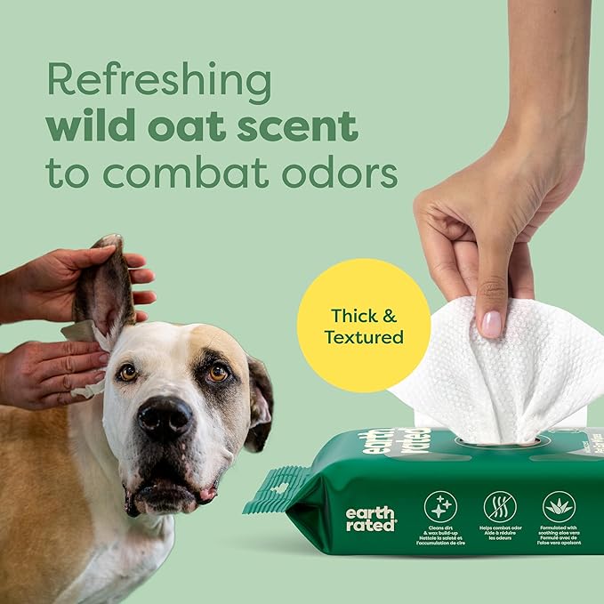 Earth Rated Vet-Developed Pet Ear Wipes, Hypoallergenic Cleaner for Dogs &amp; Cats Ears to Remove Dirt and Wax Build Up, Wild Oat Scent, 70 Count