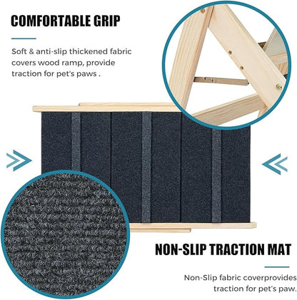 Wood Pet Stairs/Pet Steps for All Dogs and Cats - 2-in-1 Foldable Carpeted 3 Tiers Dog Stairs &amp; Ramp Perfect for Beds and Cars - Portable Dog/Cat Ladder Up to 120 Pounds