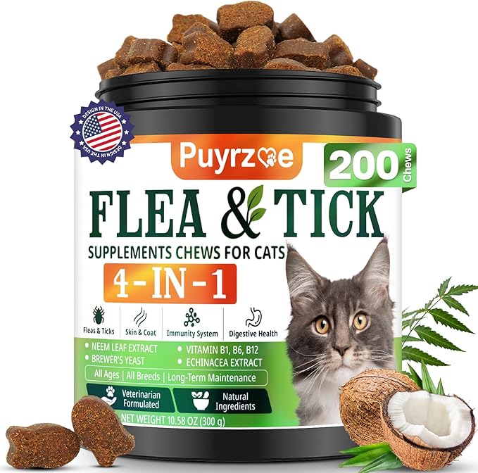 4-in-1 Flea Treatment for Cats Chewable, Natural Cat Flea and Tick Prevention Chewable Supplement for Skin &amp; Coat | Immunity Support | Digestive | Flea &amp; Tick Treatment for All Breeds &amp; Sizes