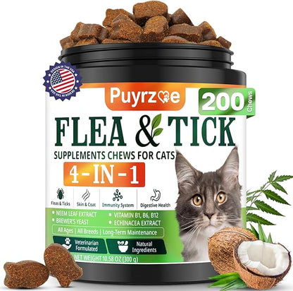 4-in-1 Flea Treatment for Cats Chewable, Natural Cat Flea and Tick Prevention Chewable Supplement for Skin &amp; Coat | Immunity Support | Digestive | Flea &amp; Tick Treatment for All Breeds &amp; Sizes