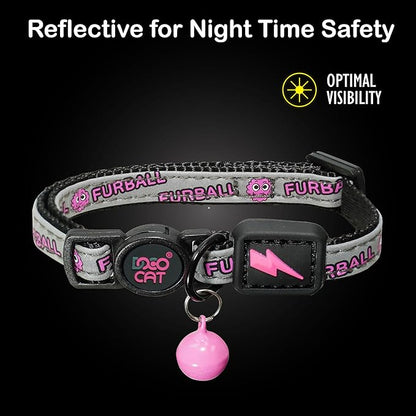 DOCO Cat Collar (Neck Girth - 3/8" x 7.5-12", Weight Upto - 13lb) Reflective Cat Collar with Bell, Breakaway Safety Buckle, Adjustable Nylon Strap for Kittens &amp; Adult Cats (Black)
